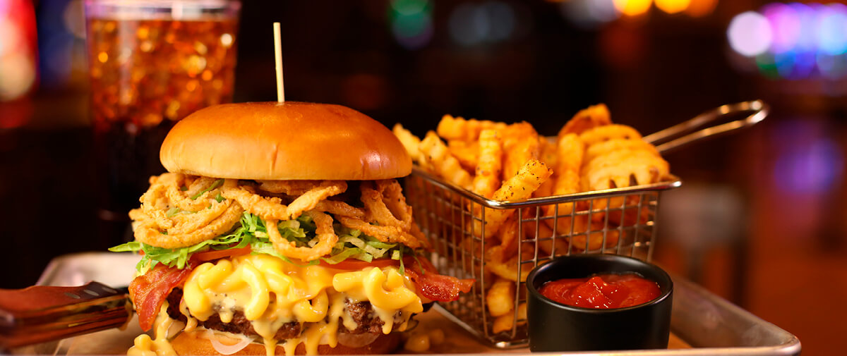 Close-up of Burger and Fries from Guy Fieri's American Kitchen and bar