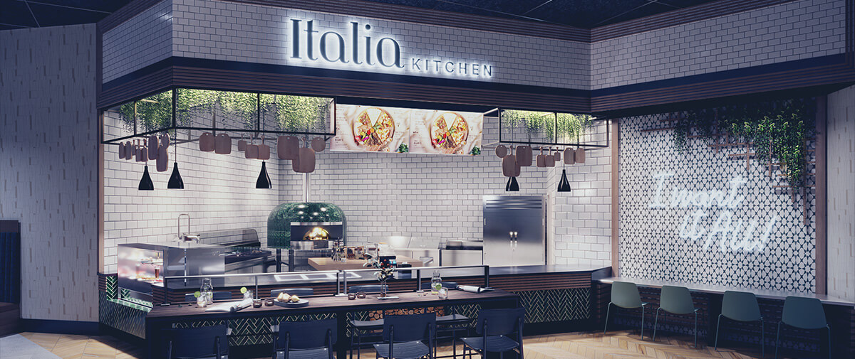 Italia Kitchen counter with white subway tiles, a green-tiled pizza oven, hanging cutting boards, and counter seating.