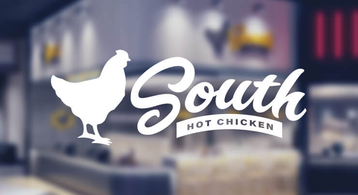 South Hot Chicken logo with chicken icon over a blurred counter background.