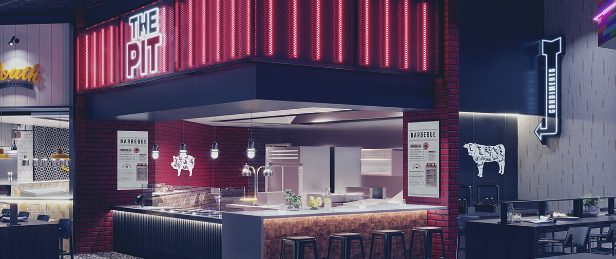 The Pit barbecue stand with red neon sign, brick facade, prep counter, hanging bulbs, and menu boards.