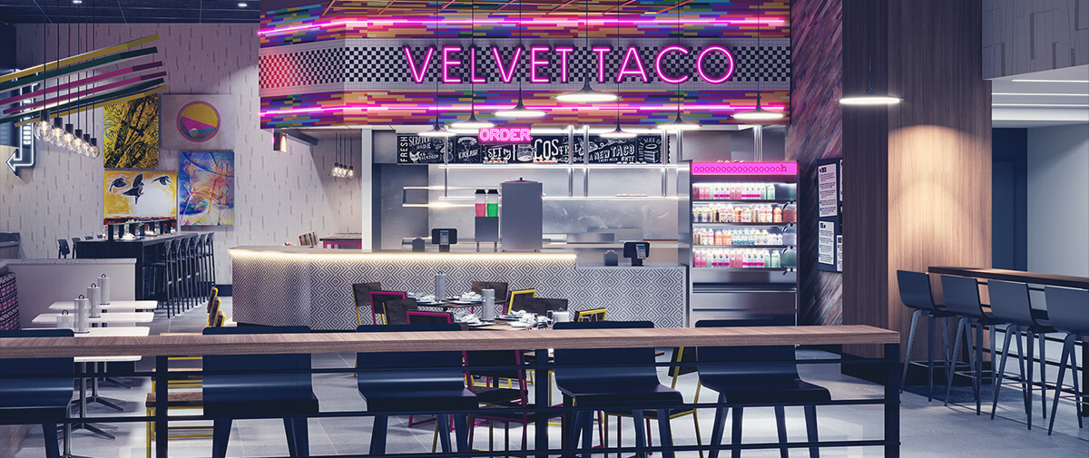 Velvet Taco storefront with pink neon sign, colorful canopy, counter service area, beverage cooler, and dining tables.