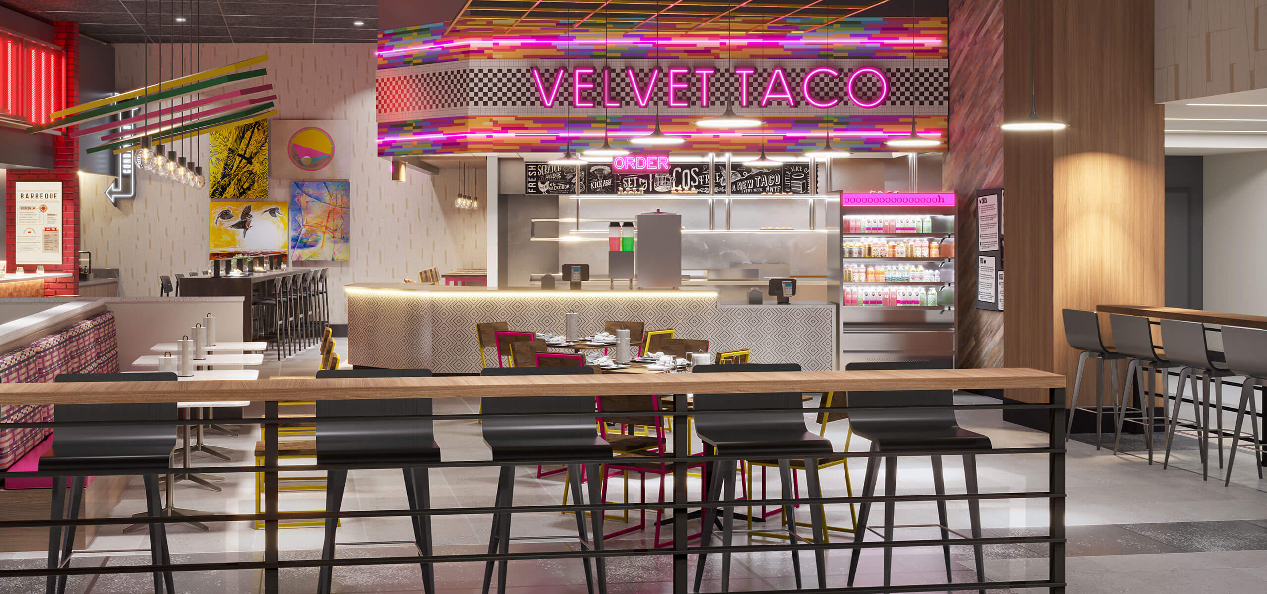 Velvet Taco counter with neon signage, colorful canopy, open kitchen, and high-top seating in a food hall.