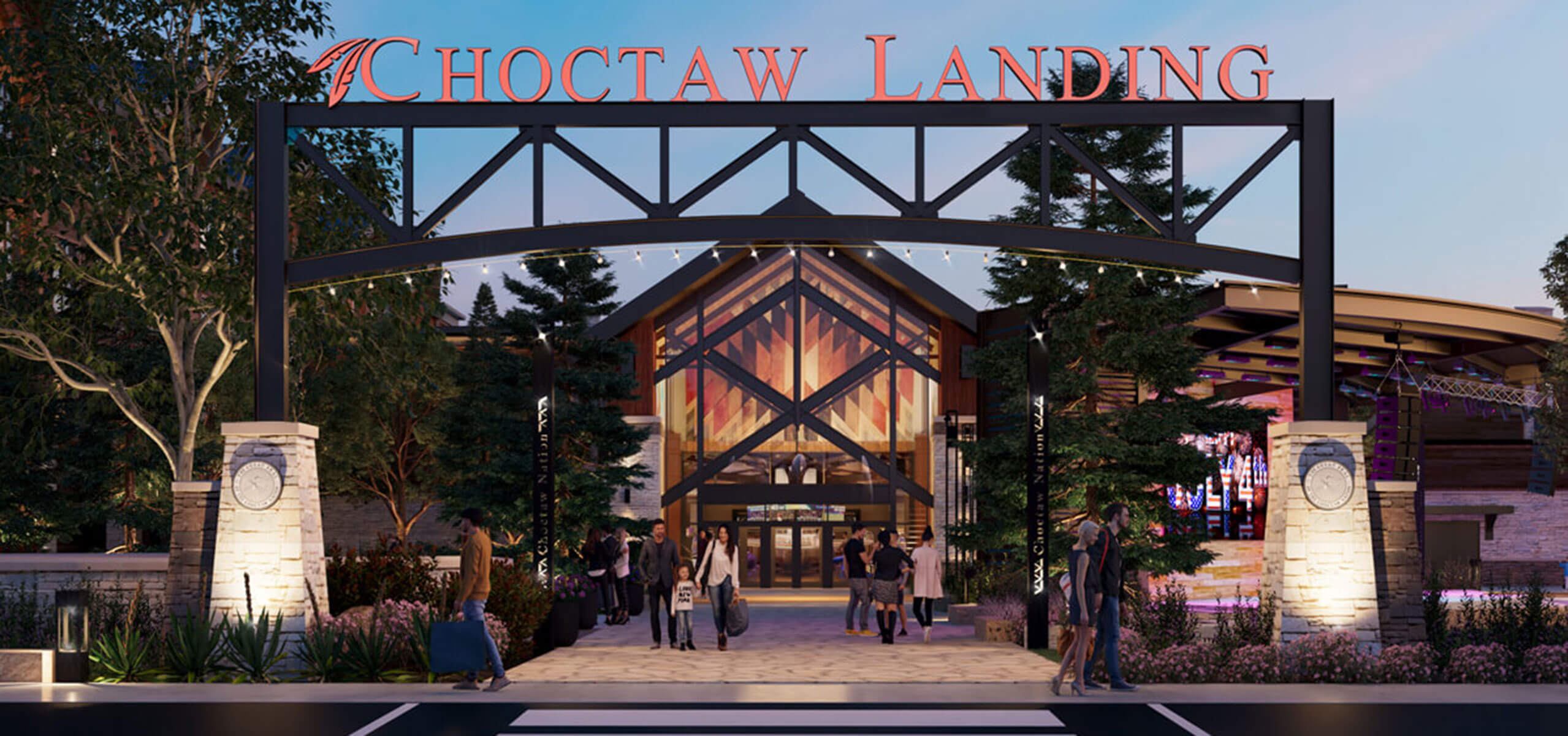 Entrance rendering for Choctaw Landing with a large steel arch sign, clock pillars, and guests arriving with luggage.