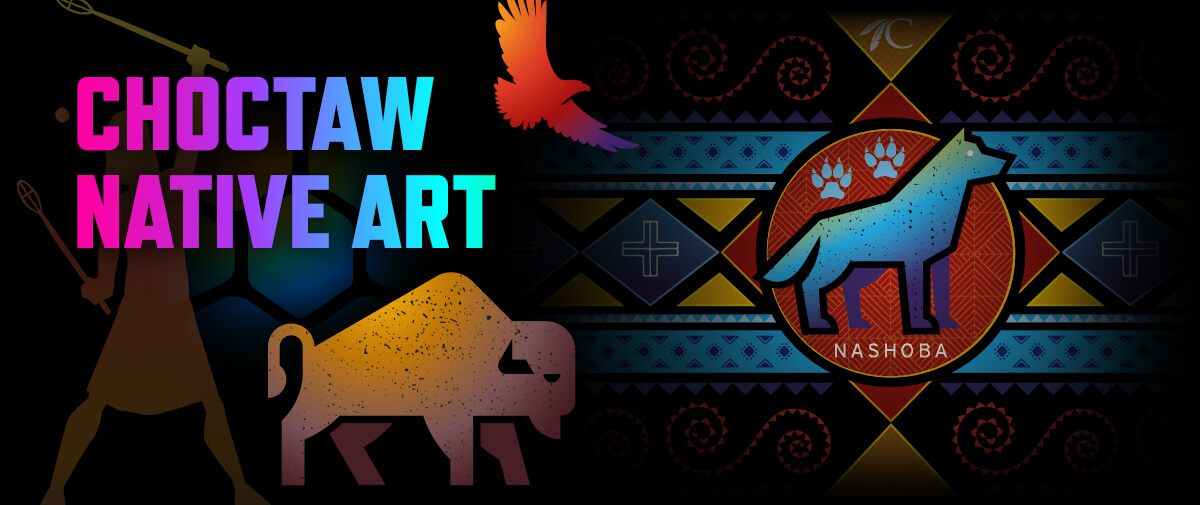 Colorful ‘Choctaw Native Art’ patterned graphic with silhouettes of a bison and a wolf.