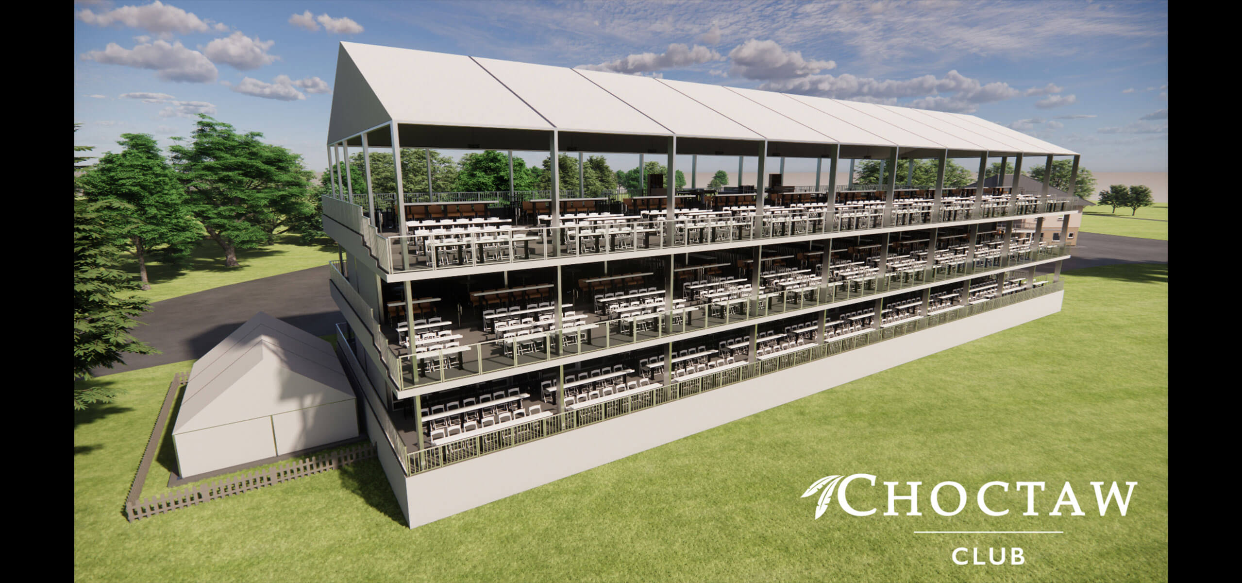 Rendering of a three-level Choctaw Club hospitality grandstand with open-air seating and the Choctaw Club logo