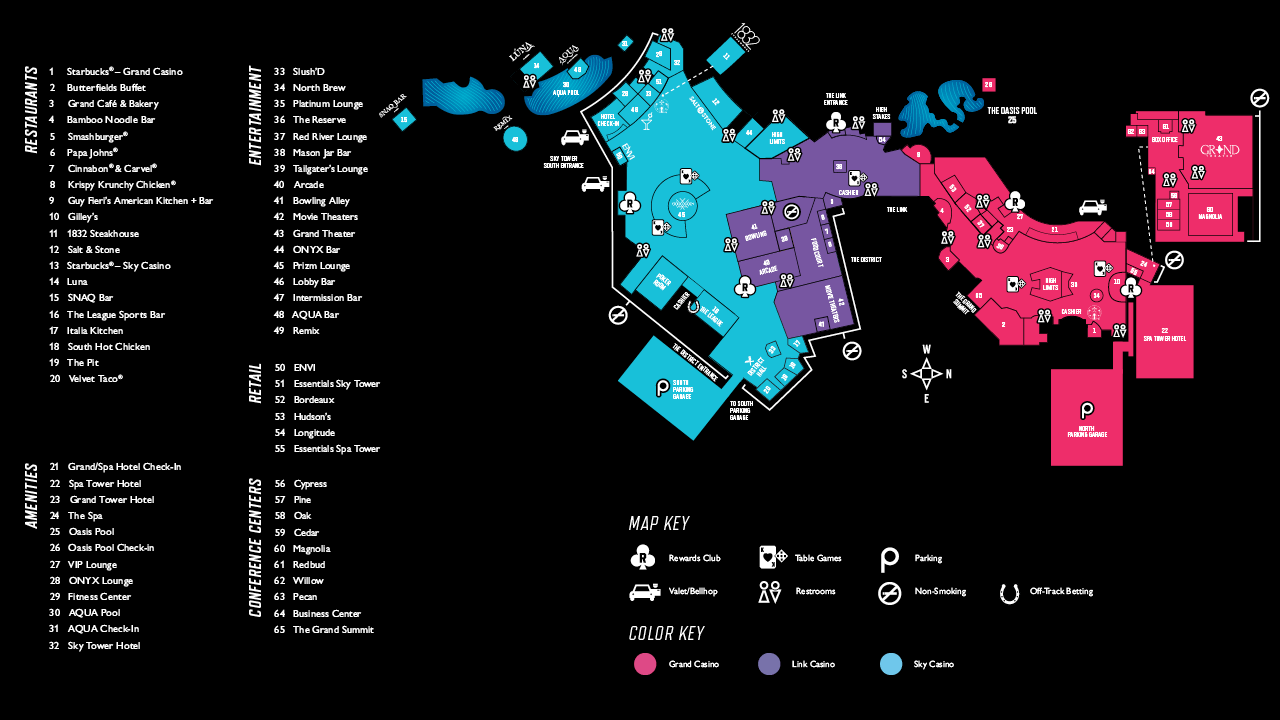 Color-coded property map of Choctaw Durant showing Grand, Link, and Sky casino areas, amenities list, and icons for parking, restrooms, and rewards club.
