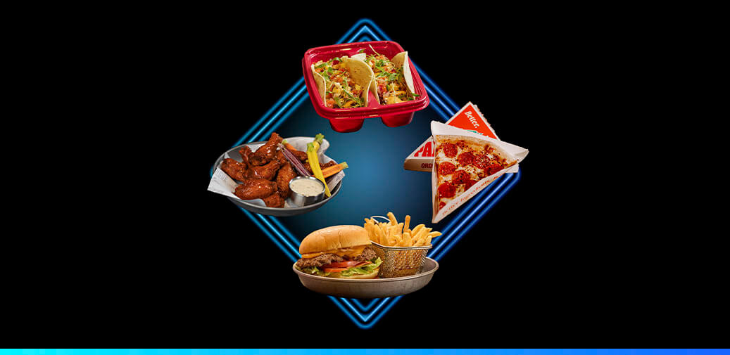Tacos, burger, pizza, wings