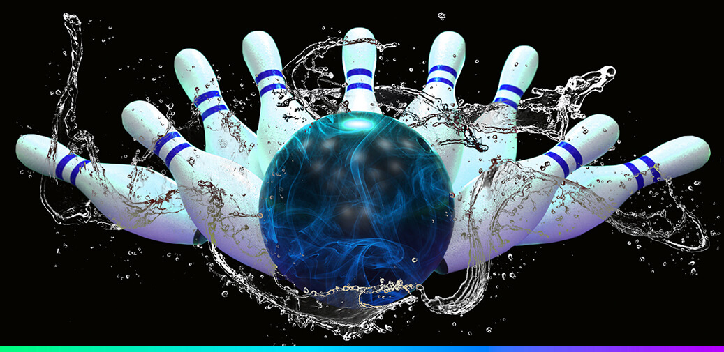 A picture of a bowling ball and bowling pins