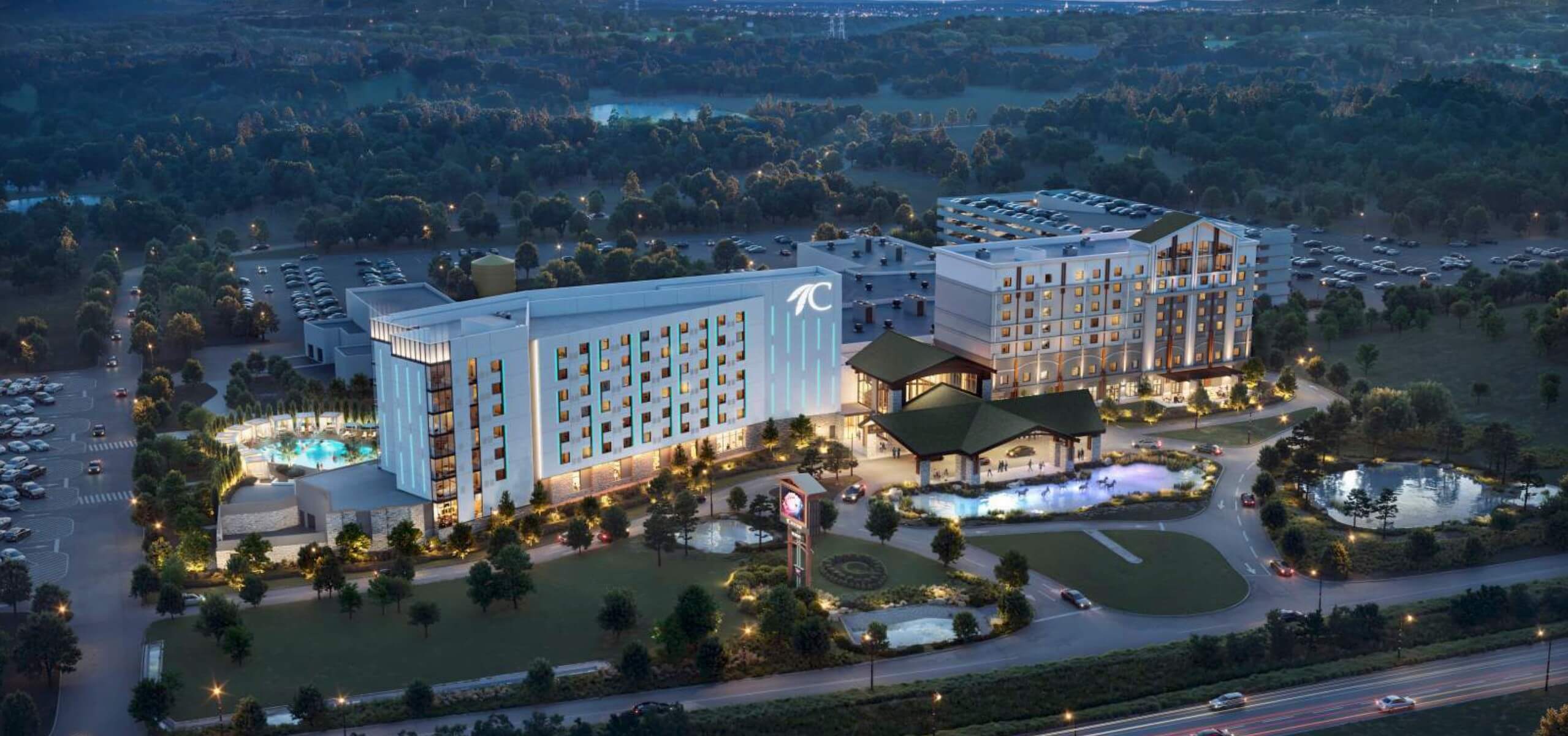 Rendering of the Choctaw Pocola resort and hotel expansion at dusk.