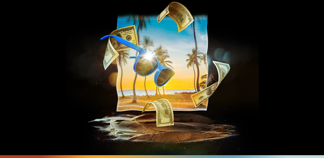 A beach with money falling around it