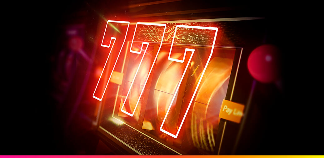 Slot machine displaying triple sevens.