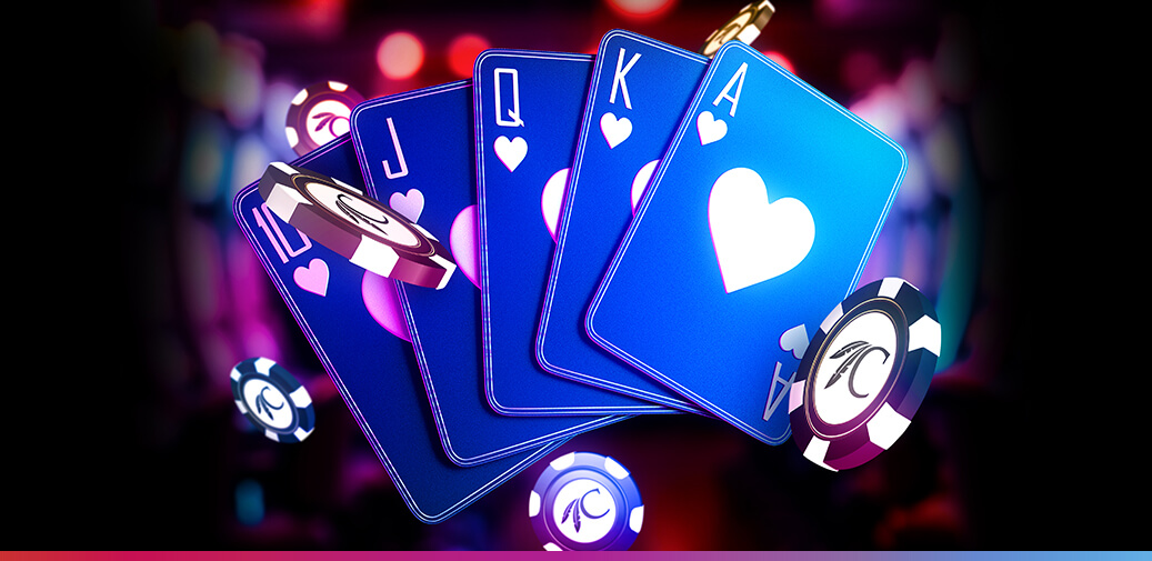 Royal flush with poker chips promotional graphic.