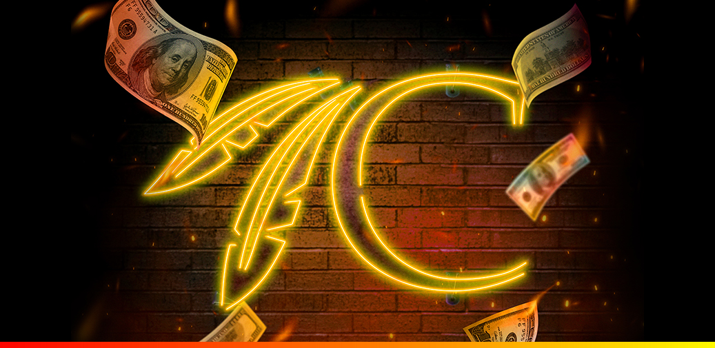 Choctaw logo in neon on a dark brick wall with floating dollar bills.