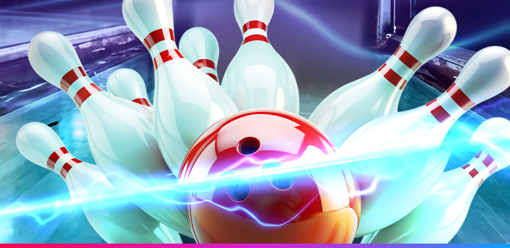 Bowling ball striking illuminated pins.